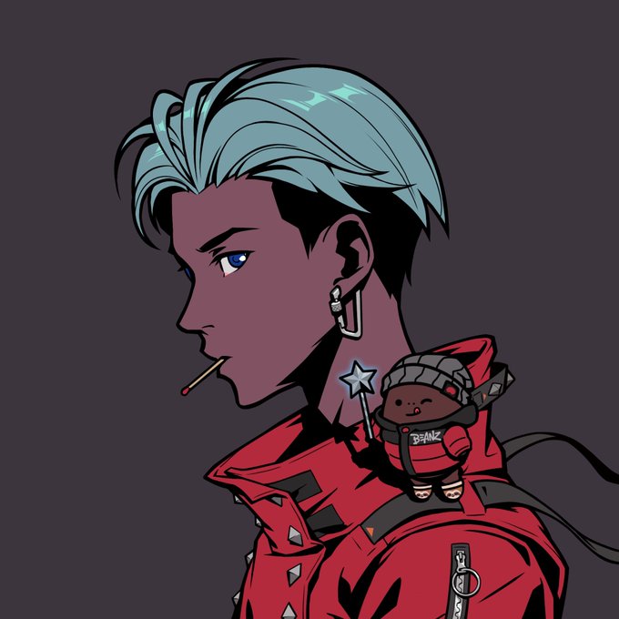 An anime-style illustration of a character with teal hair shown in profile, wearing a red jacket and smoking a cigarette, with a small creature labeled 'BEANZ' on their shoulder.