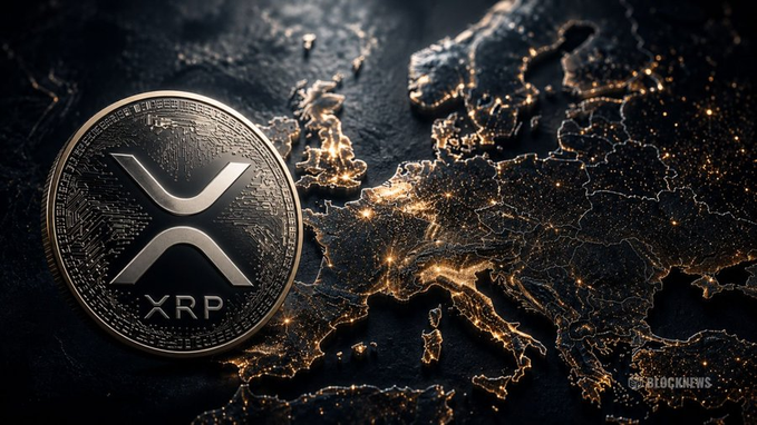 A silver XRP cryptocurrency coin is displayed against a dark map of Europe, illuminated with golden lights highlighting major cities. The watermark 'BLOCKNEWS' appears in the bottom right corner.