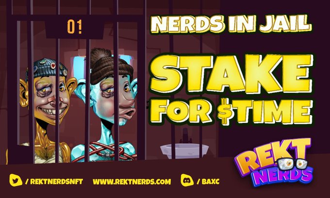 A promotional graphic for 'REKT NERDS' featuring two cartoonish characters in a jail cell with text 'NERDS IN JAIL' and 'STAKE FOR $TIME'.