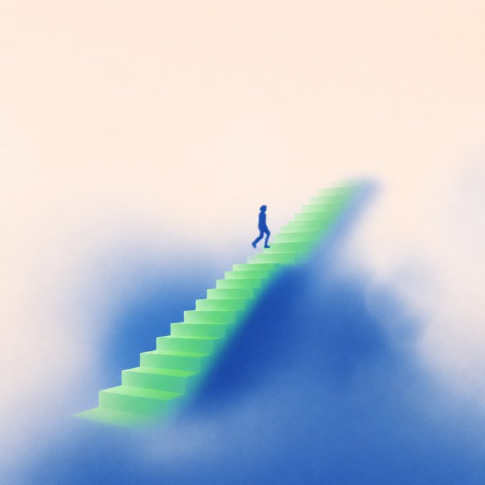 A small silhouetted figure ascends a glowing green staircase that disappears into the clouds, symbolizing progress and upward momentum. The image visually reinforces the message about taking the next step toward new opportunities, with the staircase serving as a metaphor for advancing toward future investments or ventures.