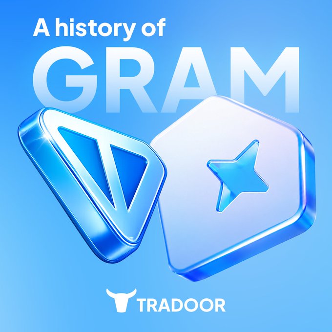 A blue-themed 3D graphic reading 'A history of GRAM' showing the TRON and another crypto token icon, branded with the Tradoor bull logo at the bottom.