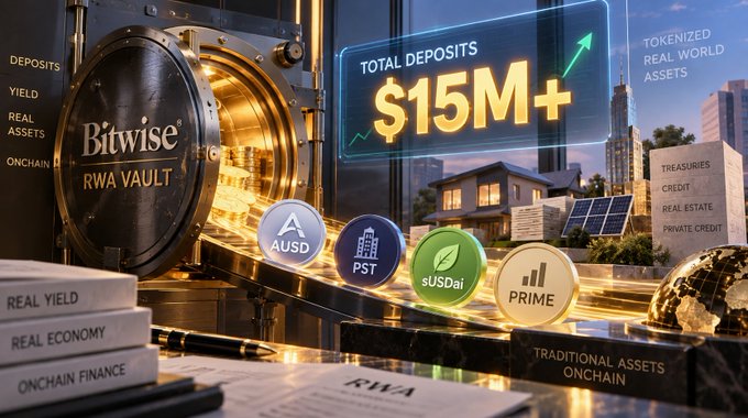 A digital promotional graphic for Bitwise RWA Vault, highlighting '$15M+' in total deposits and showcasing real-world assets like real estate and treasuries, along with cryptocurrency tokens AUSD, PST, sUSDai, and PRIME.