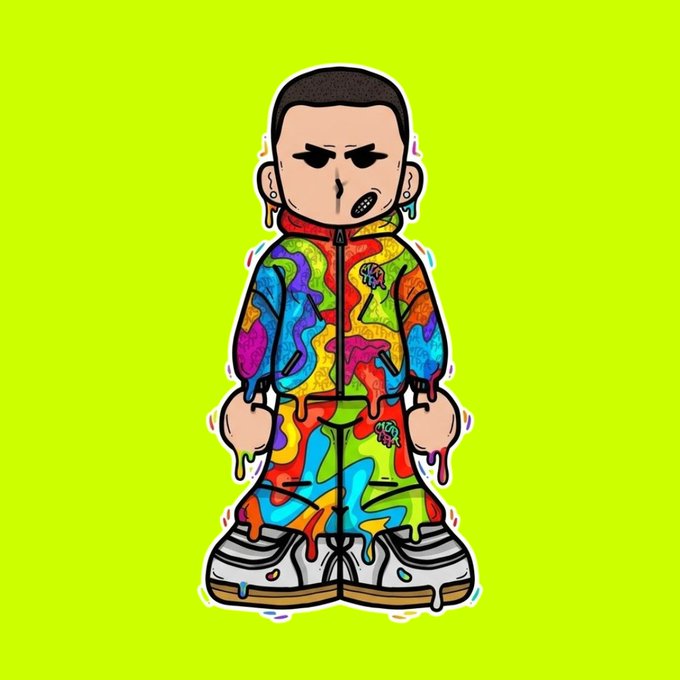 A cartoon-style illustration of a figure with a stern expression wearing a colorful, paint-splattered hoodie with brain designs, set against a bright neon green background.