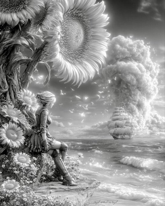 Black and white pencil-style illustration of a warrior woman sitting beneath a massive sunflower on a cliff, looking out at a tall ship on the ocean.