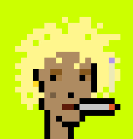 A pixel art portrait of a character with messy blonde hair on a bright green background, featuring abstract rectangular shapes and a red-and-white horizontal element across the face.