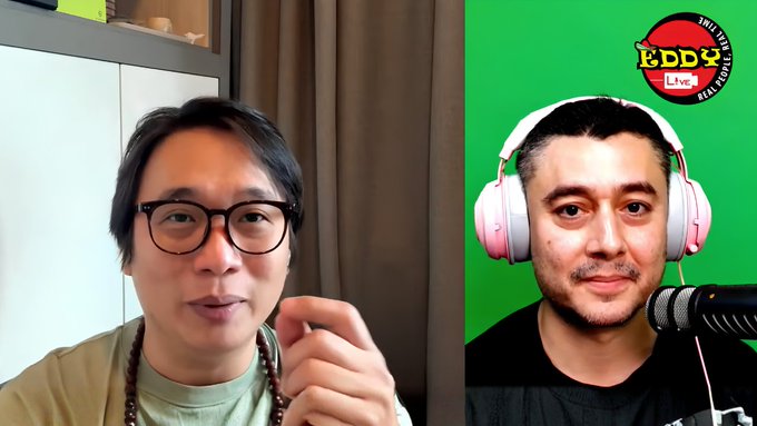 A side-by-side video podcast screenshot features two men, one wearing glasses and a beaded necklace, the other wearing pink headphones against a green screen with a "EDDYY LIVE" logo, as they discuss how decentralized AI must rescue crypto from itself to enable a Web4 future.