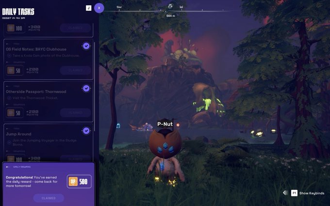 The image shows a screen displaying a video game interface with a character standing in front of a mountain, surrounded by trees. The character appears to be an ape-like creature or a small robot. There are several options available for the player to choose from, including different paths and actions they can take within the game. The post about the game is titled "Happy to see apecoin now officially under the yuga labs umbrella". This suggests that the game might have a connection with the Yugas Labs project or could be related to the game's title.