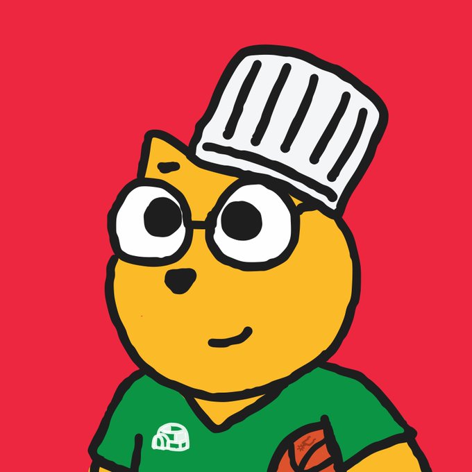A cartoon drawing of an orange cat-like character wearing round glasses, a green shirt, and a white chef's hat against a red background.