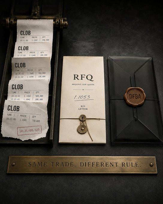 A flat-lay image features receipts labeled 'CLOB' with times and prices, a sealed envelope marked 'RFQ REQUEST FOR QUOTE' with the number '1.1053', a black envelope sealed with a 'DFBA' wax stamp, and a brass plaque reading 'SAME TRADE. DIFFERENT RULE.'
