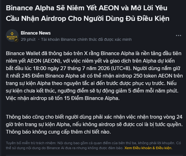 A Binance News announcement in Vietnamese about Binance Alpha listing AEON and opening airdrop claims for users with at least 245 Binance Alpha Points on July 27, 2026.