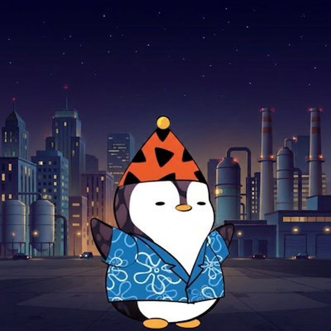 An illustration of a penguin wearing a blue floral yukata and a red triangular party hat stands against an industrial cityscape at night with stars overhead.