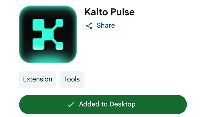 A screenshot of the 'Kaito Pulse' Chrome extension/app page showing it has been 'Added to Desktop' with tags for Extension and Tools.