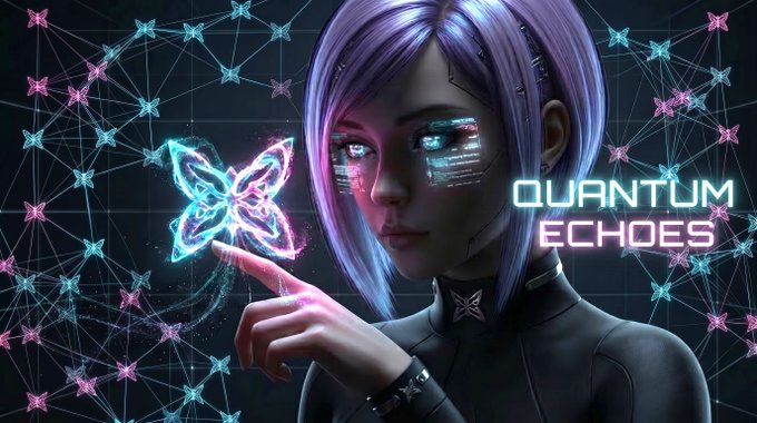 The image features a woman with blue hair wearing black clothing holding a butterfly. The background of the image has neon colors and a patterned design that resembles a butterfly. The caption below the image reads "Quip Network is bringing real quantum randomness to crypto".