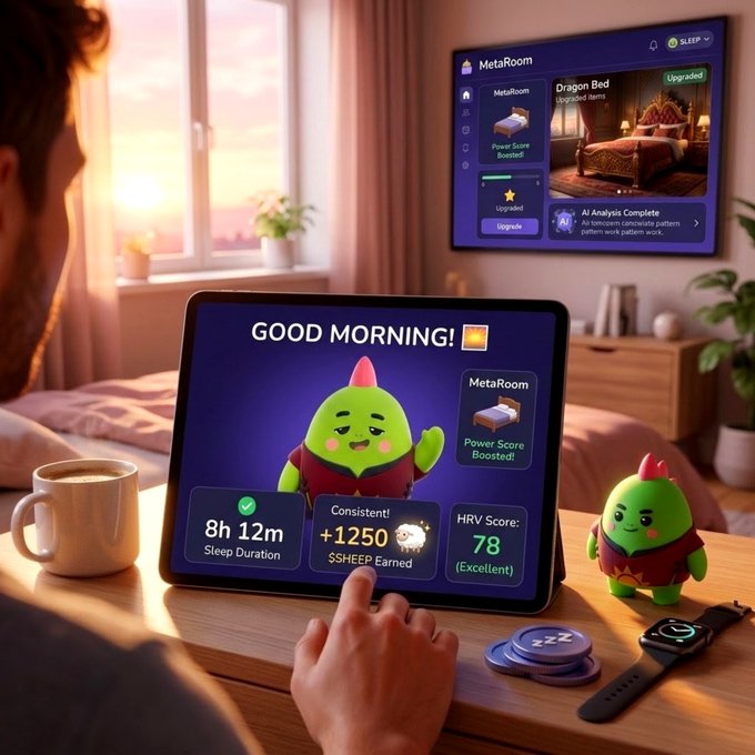 A person in a bedroom at sunrise uses a tablet displaying 'GOOD MORNING!' with a green monster mascot and sleep stats (8h 12m Sleep Duration, HRV Score 78), while a wall-mounted screen shows the 'MetaRoom' app featuring a 'Dragon Bed' and 'Power Score Boosted'.