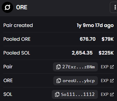 A black screen displays a table with columns for "Pair Created", "Pooled Ore", and "Exposed".