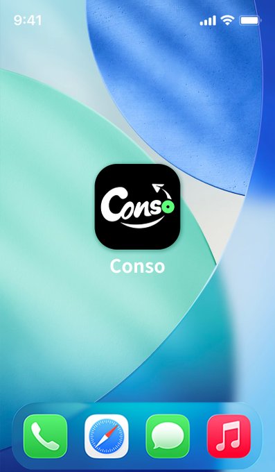 The image shows an iPhone home screen displaying the "Conso" app icon, which is being launched as part of an introduction to its main navigation menu, including features like Discover, Channels, Community Picks, Alpha Signals, Chat, Communities, Creators, Trusted Identities, Send CA Market Card, Send CoinBox, and Manage Assets. The phone's status bar shows the time as 9:41 with full cellular and Wi-Fi signal.
