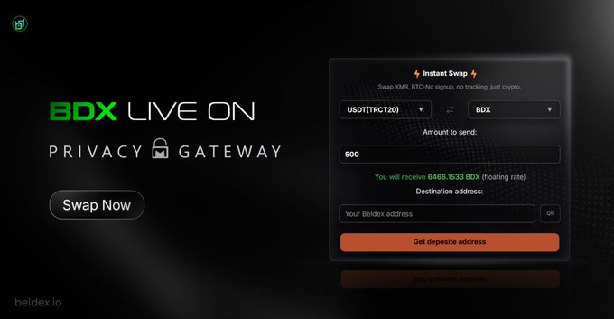 A promotional graphic for "BDX LIVE ON PRIVACY GATEWAY" from beldex.io, showing an "Instant Swap" interface converting USDT (TRC20) to BDX at a rate of 1 USDT = 13.293 BDX.