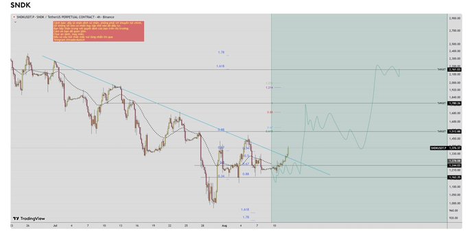 A TradingView chart for SNDK/USDT on Binance by 'SatoshiRipple' showing technical analysis with Fibonacci retracement levels, descending trendlines, and multiple TARGET price points around 2,900-3,350 with projected future price action.