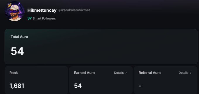 A social media profile screenshot for 'Hikmettuncay @karakalemhikmet' showing '37 Smart Followers', a 'Total Aura' of 54, a rank of 1,681, and an earned aura of 54.