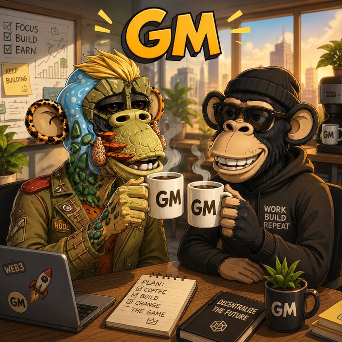 A cartoon illustration of a reptilian character and a chimpanzee in sunglasses clinking 'GM' coffee mugs at a desk covered with a 'PLAN' notepad and a 'DECENTRALIZE THE FUTURE' book.