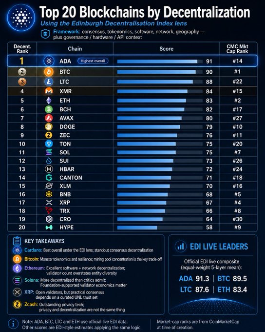 Infographic titled 'Top 20 Blockchains by Decentralization' ranking ADA highest at 91, followed by BTC (90), LTC (88), and XMR (84), with XRP at #17 and key takeaways about Cardano, Bitcoin, Ethereum, Solana, and Zcash.
