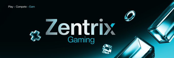 Zentrix Gaming logo banner with the tagline 'Play · Compete · Earn' alongside blue metallic 3D shapes on a black background.