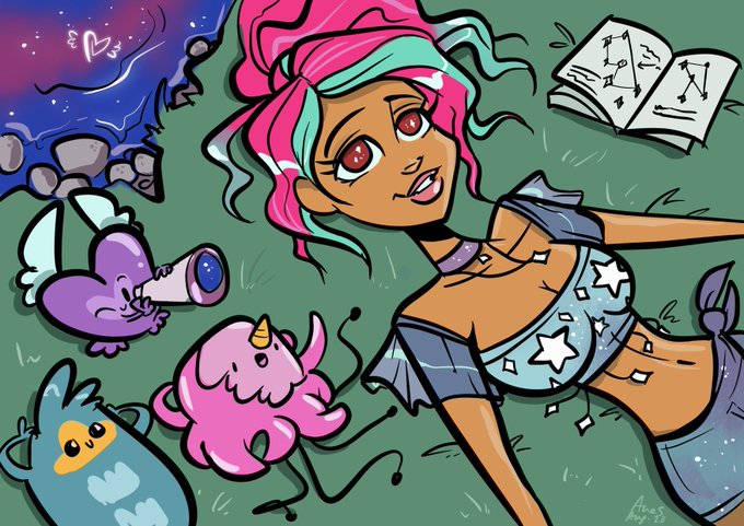 Colorful cartoon illustration of a pink-haired girl in a star-patterned top surrounded by cute creatures including a pink elephant and a blue figure with a telescope.