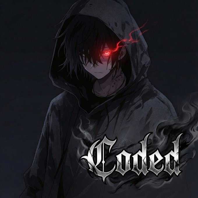 Dark anime-style artwork featuring a hooded figure with glowing red eyes and the stylized gothic text 'Bcoden' displayed across the bottom.