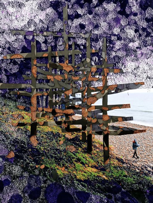 An abstract digital artwork combining a coastal beach scene with a lone figure and an overlaid intricate geometric/symbolic pattern.