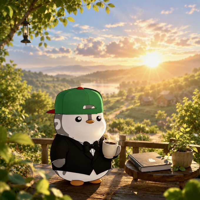 The image features a cartoon penguin standing on a wooden deck with a cup of coffee in its beak. The background shows a beautiful sunset over a mountain range, creating a serene atmosphere. There are also some potted plants visible near the penguin's location. The image is related to the post because it promotes an AI-based platform called CNPY Network, which focuses on building AI applications using sovereign chains and customizing governance, fees, and upgrades for AI readiness.