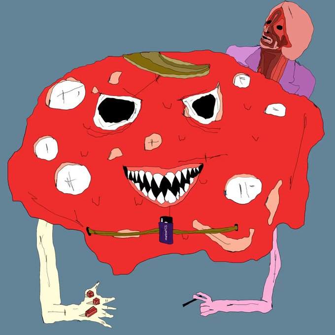 A cartoon illustration of a large red blob-like monster with multiple eyes and a sharp-toothed grin, accompanied by a smaller red character in a purple hoodie.