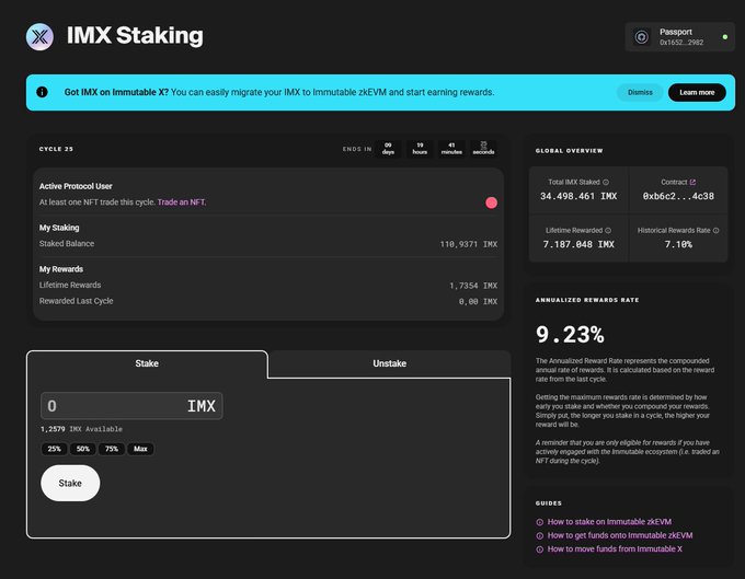 The image shows a screenshot of an imx.community account page that displays information about stake-staking activities, including details about trading NFTs for tokens and the importance of active participation in the community. The text on the screen emphasizes the need to trade at least 1 NFT per cycle as a requirement for being considered an active participant.
