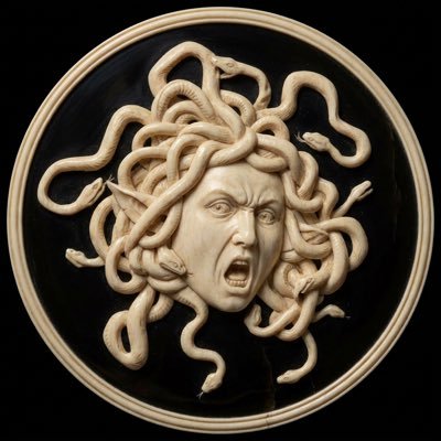 A circular medallion depicts the severed head of Medusa, rendered in classical relief with writhing snakes for hair and an expression of anguish, set against a black background. The artwork evokes the mythological iconography associated with Greek tragedy, fitting the post's tone of ominous warning about a crypto/Web3 project.