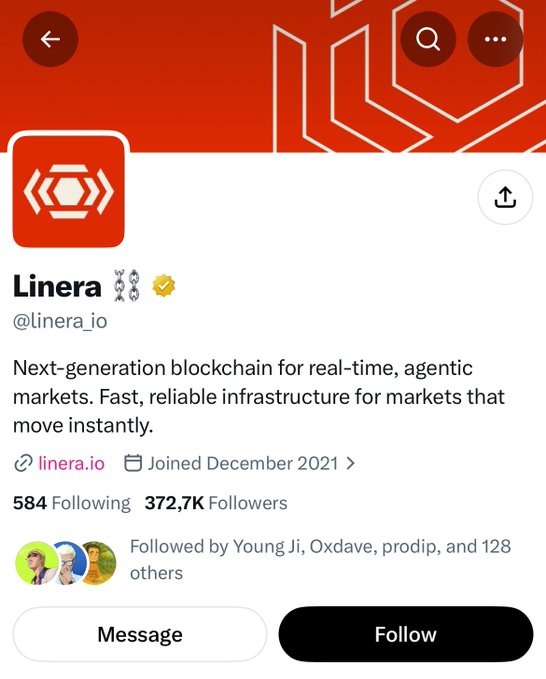The image shows the Twitter/X profile of **@linera_io** (Linera), described as a "Next-generation blockchain for real-time, agentic markets," with **372.7K followers** and a December 2021 join date. The profile header in orange with hexagonal branding connects to the post, which discusses Linera's mainnet hints following a presale on Sonar, with the author contemplating participation during a tough bear market.