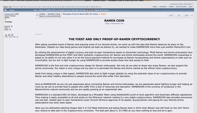 A screenshot of a cryptocurrency forum thread by user "ramencoin" announcing "RAMEN COIN" as the "FIRST AND ONLY PROOF-OF-RAMEN CRYPTOCURRENCY," describing it as an ERC-20 token on the Ethereum network and referencing the 2018 launch when "Bitcoin was still fresh on the net." The post accompanies the image to document the original 2018 announcement of the RAMENCOIN project.