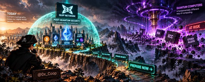 A dramatic digital illustration showing a hooded figure facing a divided landscape—one side labeled 'QUIP NETWORK' with cryptocurrency symbols and 'POST-QUANTUM SECURITY,' the other side depicting a futuristic 'QUANTUM COMPUTERS' city with warning signs like 'AT RISK' and 'OTHER ALGOS.'