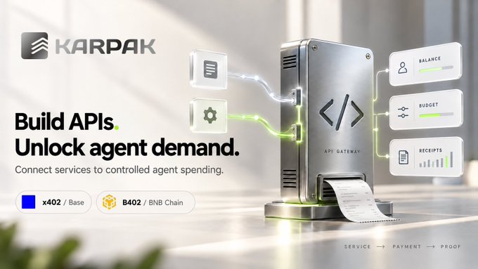 A promotional graphic for Karpak featuring the tagline 'Build APIs. Unlock agent demand. Connect services to controlled agent spending.' with badges for x402/Base and B402/BNB Chain, alongside an API gateway device and UI elements labeled Balance, Budget, and Receipts.