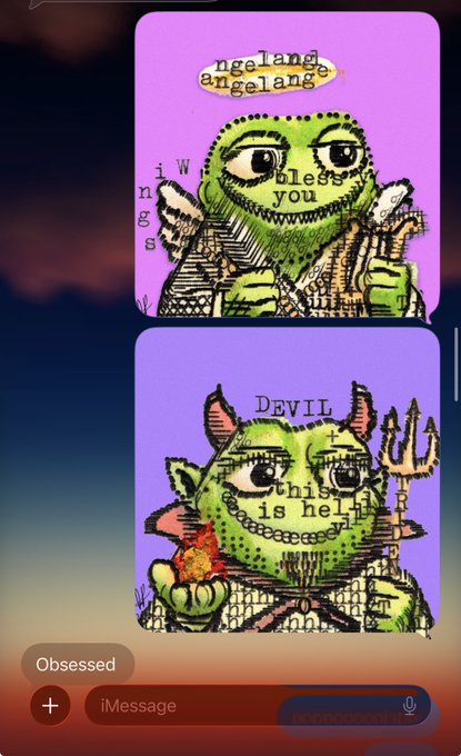 A screenshot of an iMessage conversation featuring two AI-generated ugly-cute toad cards with dark humor text—"ngelange angelang... hi hi hless you" and "DEVIL this is hell"—tied to the poster's claim that their "ugly toad" NFT collectibles were "wife approved" before minting, with the harshly-worded, unattractive art humorously justifying the joke.