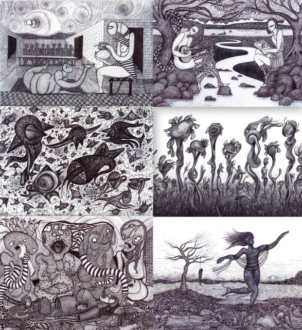 A collage of six black-and-white surrealist or fantasy illustrations featuring abstract figures, flowing organic shapes, and dreamlike landscapes.