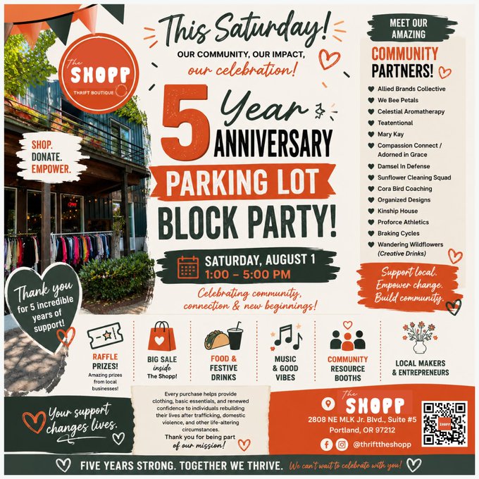 Flyer for 'The Shopp Thrift Boutique' 5 Year Anniversary Parking Lot Block Party on Saturday, August 1 from 1:00-5:00 PM at 2808 NE MLK Jr Blvd, Suite #5 Portland, OR 97212, listing community partners and event activities.
