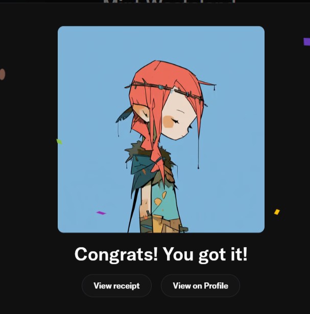 A digital avatar screen displaying an anime-style character with red hair and a green outfit, with text reading "Congrats! You got it!" alongside "View receipt" and "View on Profile" buttons.