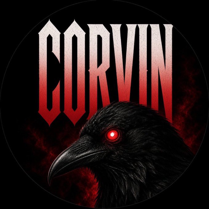 The image features a circular logo with the word "CORVIN" in a bold red-to-white gradient gothic font, accompanied by a menacing black raven with glowing red eyes set against a dark, smoky background. The dramatic, ominous design visually reinforces the post's hype of the $CORVIN token as having "1000x potential" and being poised to "take over this CT" (Crypto Twitter).