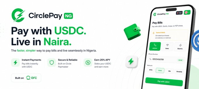 The image features a cell phone displaying an advertisement for CirclePayng, which promotes the idea of using USDC to pay utility bills. The text on the screen reads "I'M A JOB! Not A SIDE Hustle. Just someone who got tired of watching crypto stay complicated for everyday Nigerians and decided to build something about it." This suggests that the app is designed to help Nigerians manage their finances more efficiently by simplifying the payment process using USDC, making it easier for them to pay their bills online.