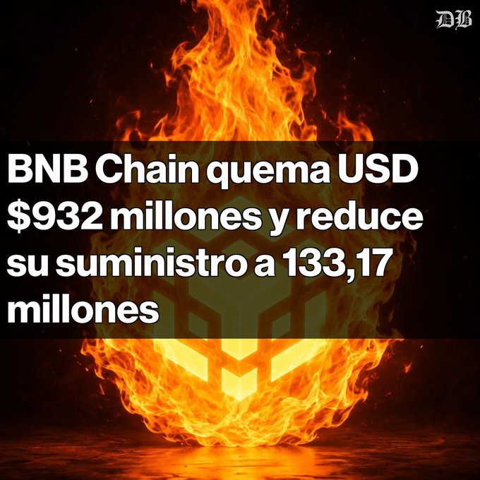 A news graphic with fire background and the text 'BNB Chain quema USD $932 millones y reduce su suministro a 133,17 millones'.