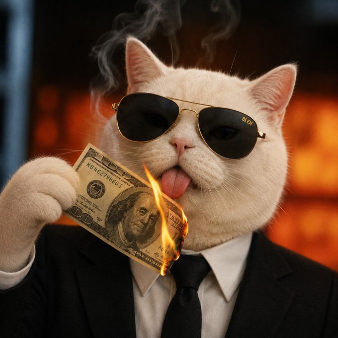 A white cat wearing gold-rimmed sunglasses and a black suit sticks out its tongue while licking a burning $100 bill, with smoke rising against a dark background. The image humorously visualizes the post's message of a liquidity pool (LP) being burned on Robinhood Chain, symbolizing the destruction of tokens.