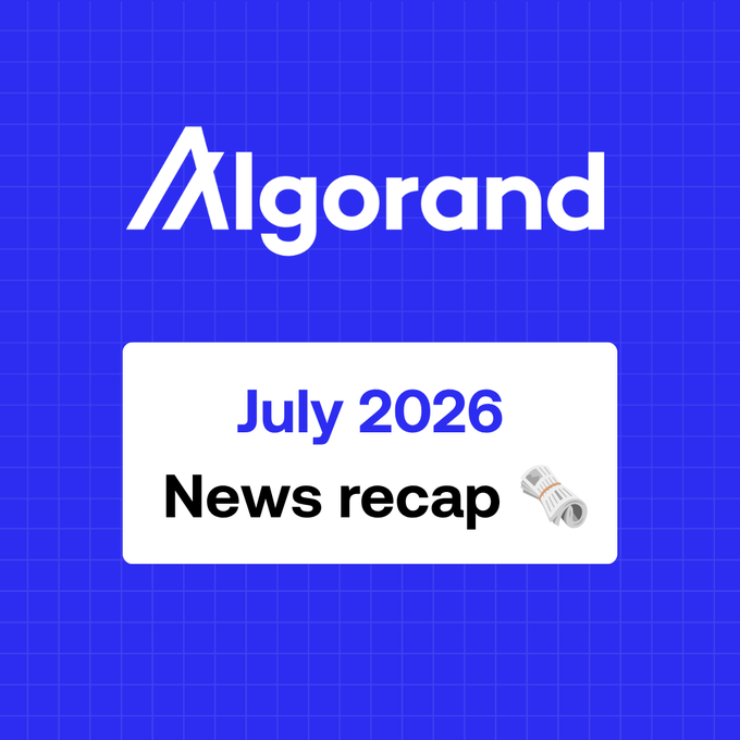 A promotional graphic with a blue grid background featuring the Algorand logo and a white box displaying "July 2026 News recap 📰," serving as a header for a monthly summary highlighting Algorand's recognition as the most sustainable blockchain at the 2026 World Finance Sustainability Awards.