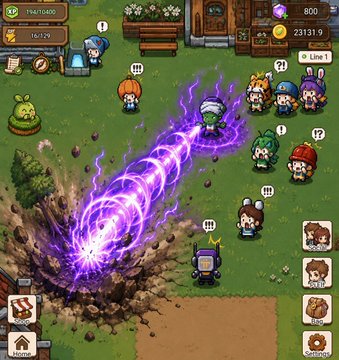 A mobile game screenshot showing chibi characters in a village setting being attacked by a large purple energy beam creating a crater.