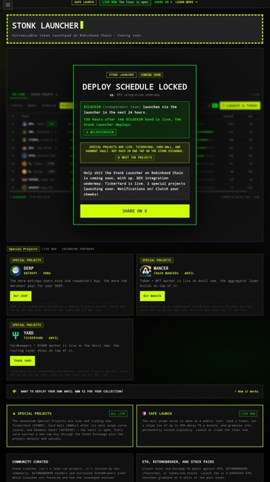 The image shows the Stonk Launcher website for BNB Chain's Clock In ($CLOCKIN) meme coin, featuring a "Deploy Schedule Locked" countdown indicating the launch will happen within 24 hours, with a 100-hour cooldown after deployment. The post celebrates the upcoming live deployment on Clutch Markets, with the user predicting an earlier launch than the official schedule and highlighting the coin's pure meme culture status without NFT connections.