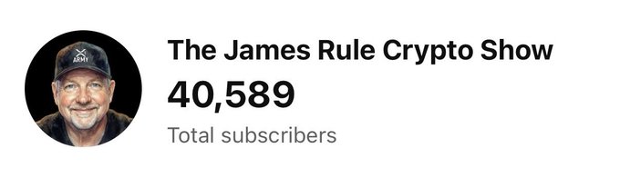 The image shows a YouTube channel banner for "The James Rule Crypto Show" featuring a man in a dark cap, with 40,589 total subscribers displayed. The post "For a second." paired with this image suggests a moment of pause or reflection, perhaps implying a brief break from crypto content despite the channel's notable subscriber count.