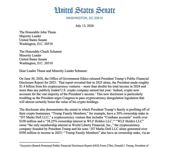 A July 13, 2026 letter on United States Senate letterhead, addressed to Majority Leader John Thune and Minority Leader Chuck Schumer, cites President Trump's Public Financial Disclosure Report showing he made $1.4 billion from cryptocurrency ventures in 2025, and urges Congress to pass crypto disclosure legislation before the CLARITY Act, citing conflicts of interest including the Trump family's 30% stake in DT Marks Def LLC, 38.25% ownership in WLF Holdco LLC, and over $590 million in 2025 income from DT Marks Defi LLC alone.
